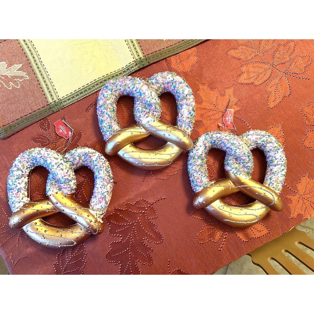 lot of 3 Holiday Time Christmas Pretzel Ornament Large 6" Beaded Dipped Sparkle